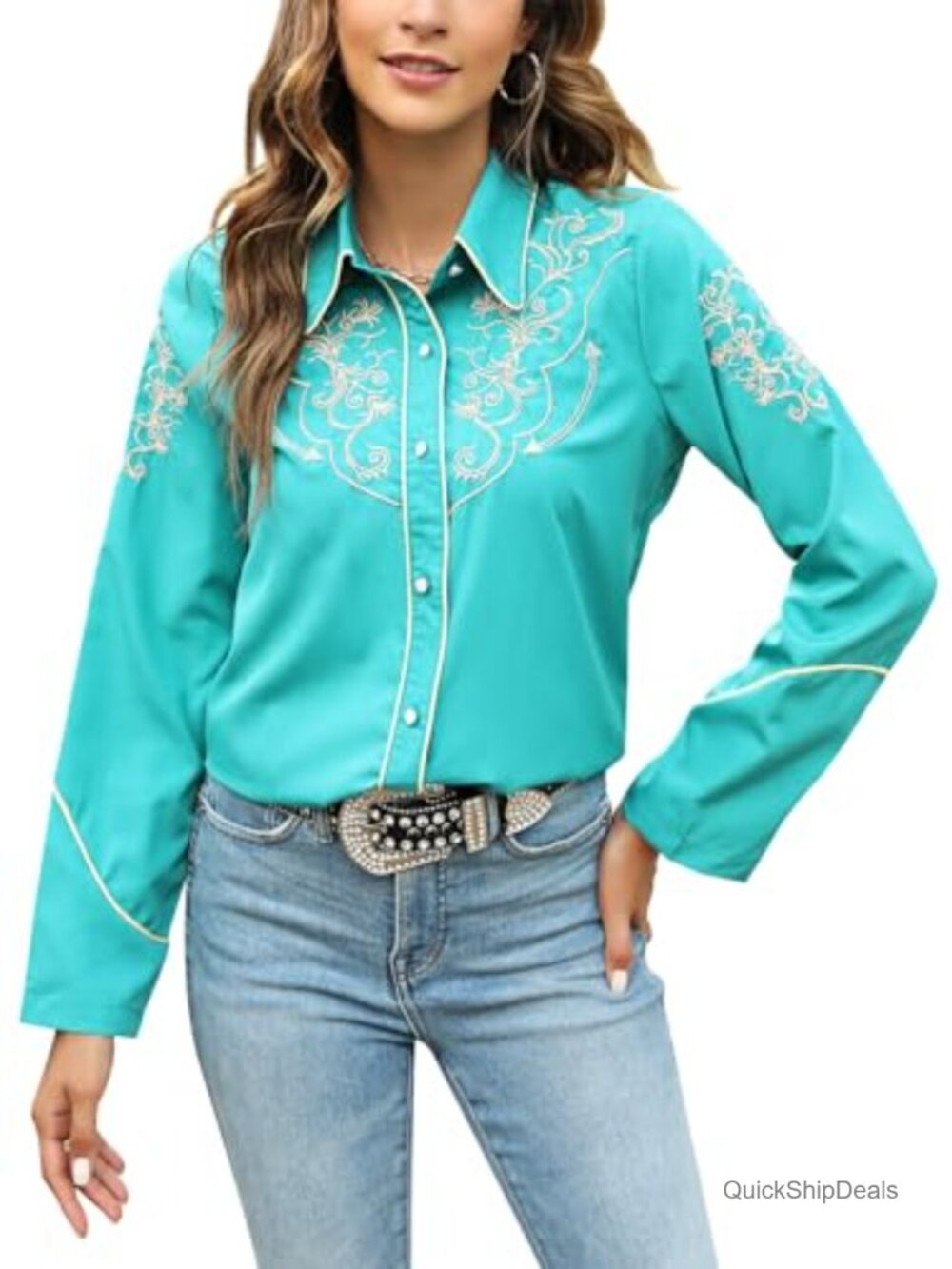 Western Embroidered Button Down Shirt Long Sleeve Dressy Cowgirl Blouse